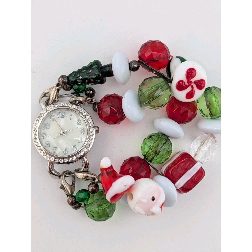 Christmas Beaded Band Women's Watch 28mm Crystal Bezel 7.5" Band- New Battery